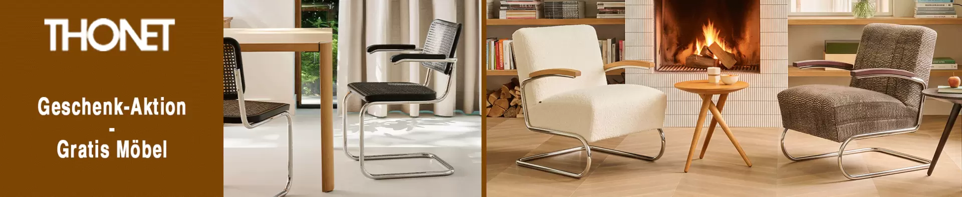 Thonet Geschenk-Aktion Desktop-Banner mit exklusiven Freischwinger-Stühlen und Sessel vor Kamin. Nur bei interni by inhofer