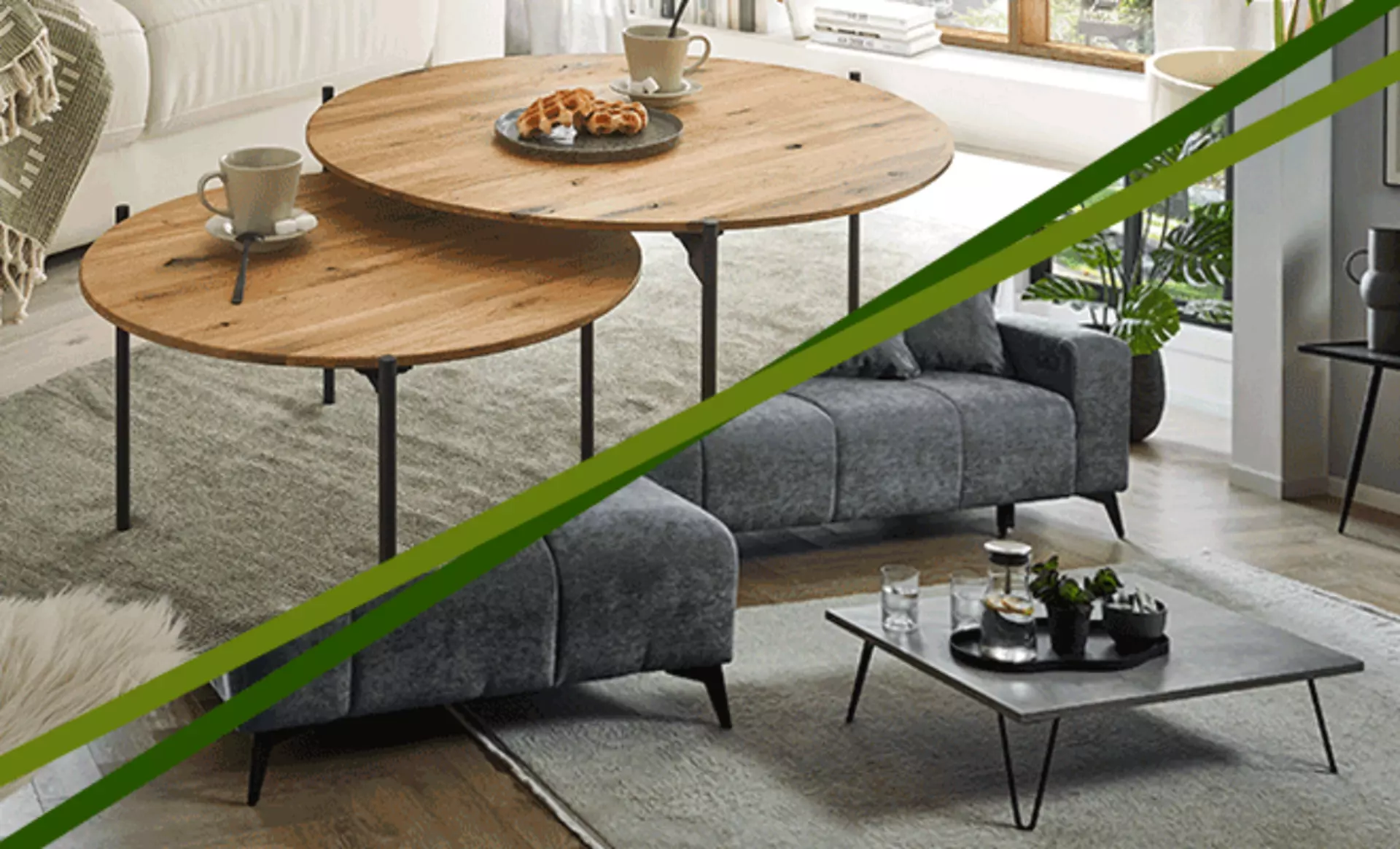 Collage mit Satz-Tischen aus Holz mit schwarzen Akzenten und quadratischem schwarzem Couchtisch im modernen Wohnzimmer