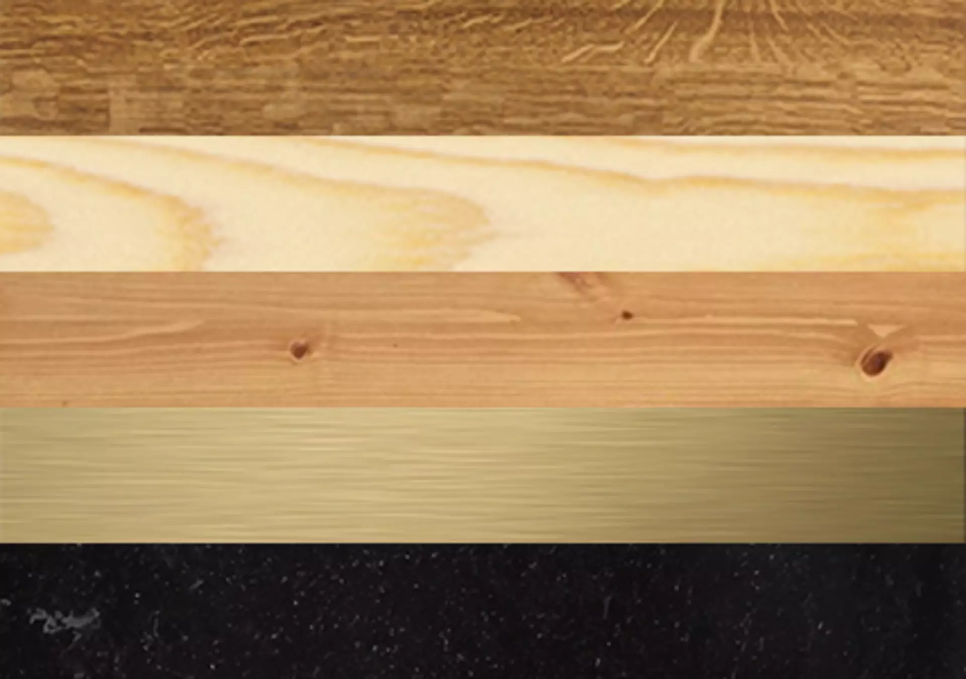 Bild einer Materialpalette Eiche, Fichte, Kiefer, gebürstetes Messing und schwarzes Schmiedeeisen