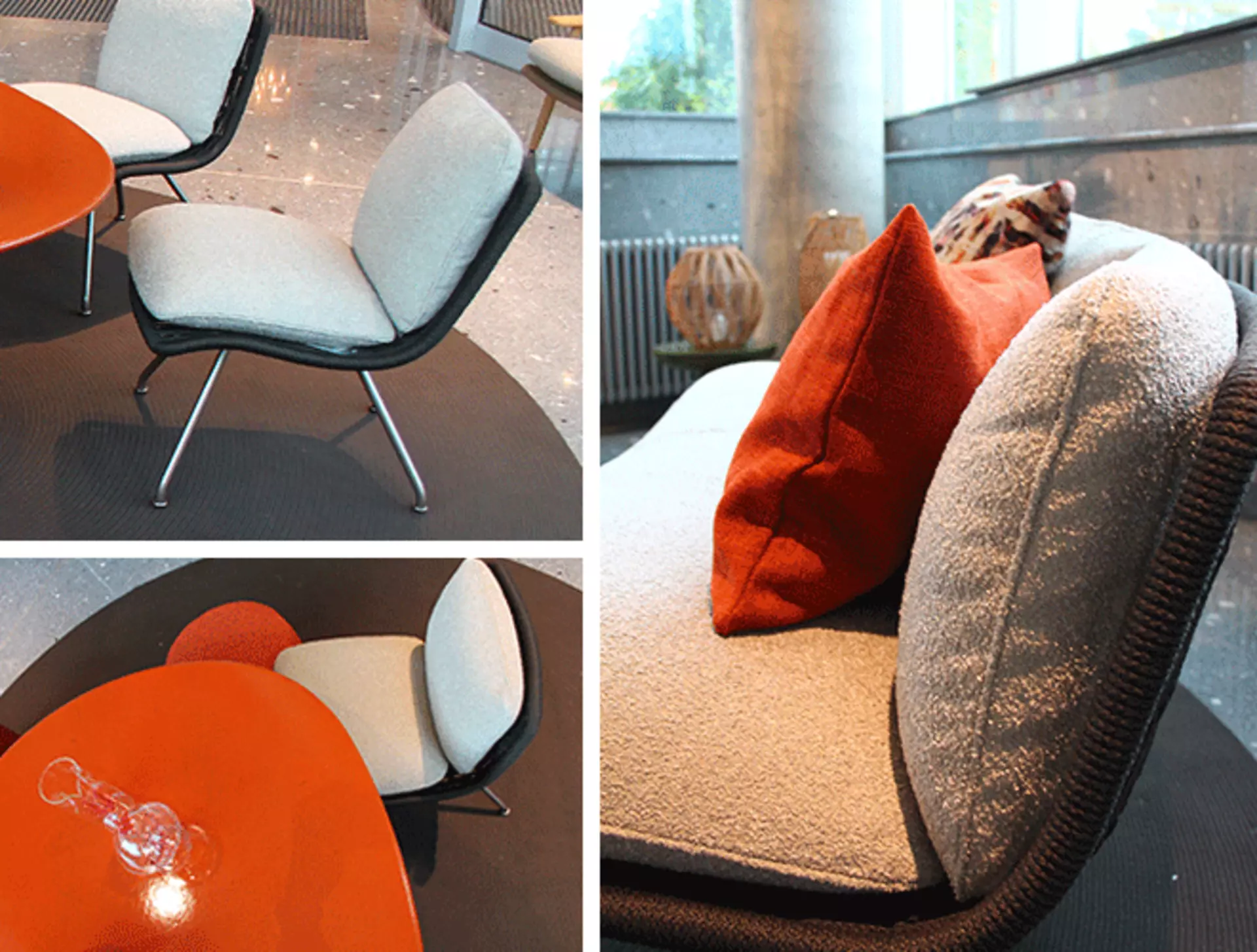 Roter Lavastein, helle Polster und dunkelbraunes Geflecht: Minotti Outdoor