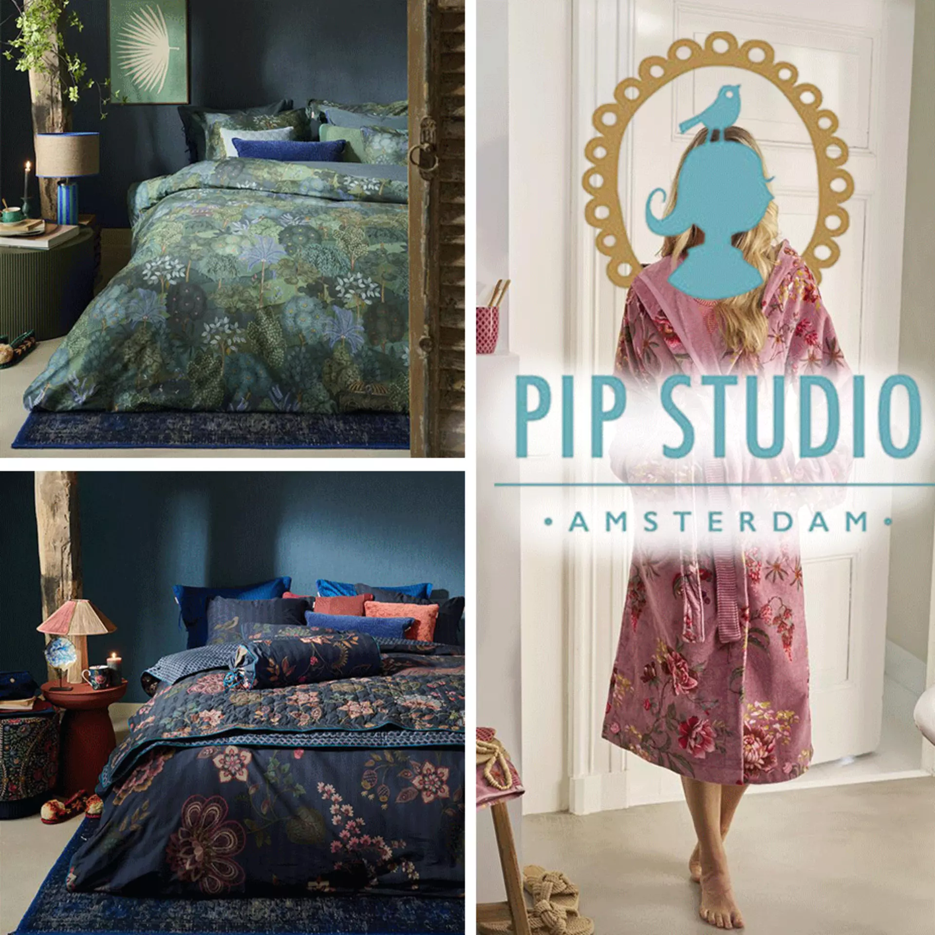 Banner mit Textilien im Schlafzimmer sowie Klamotten von der Firma Pip Studio