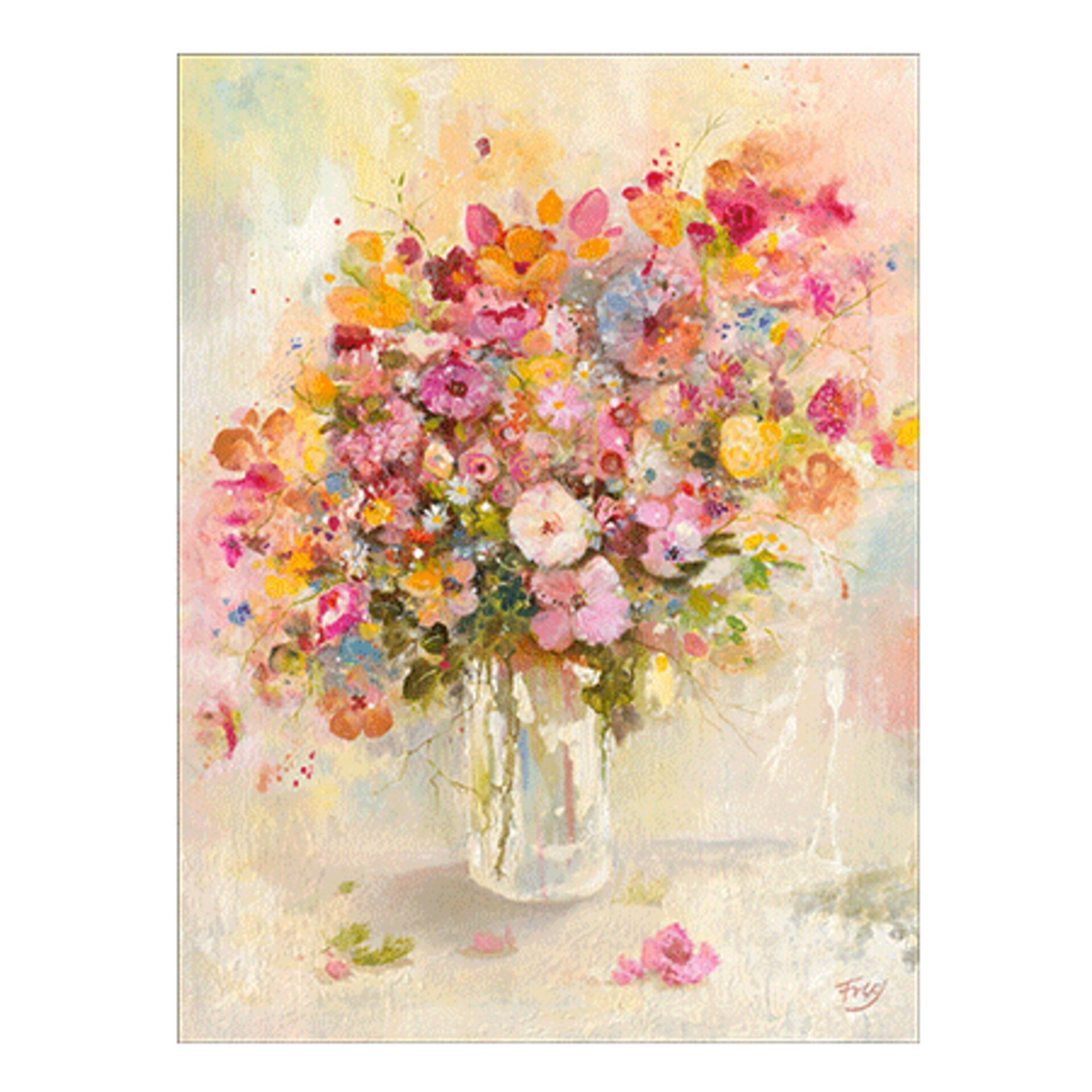 Gemaltes Bild in Pastelltönen zeigt eine Wildblumen-Strauß in einer einfachen Glas Vase