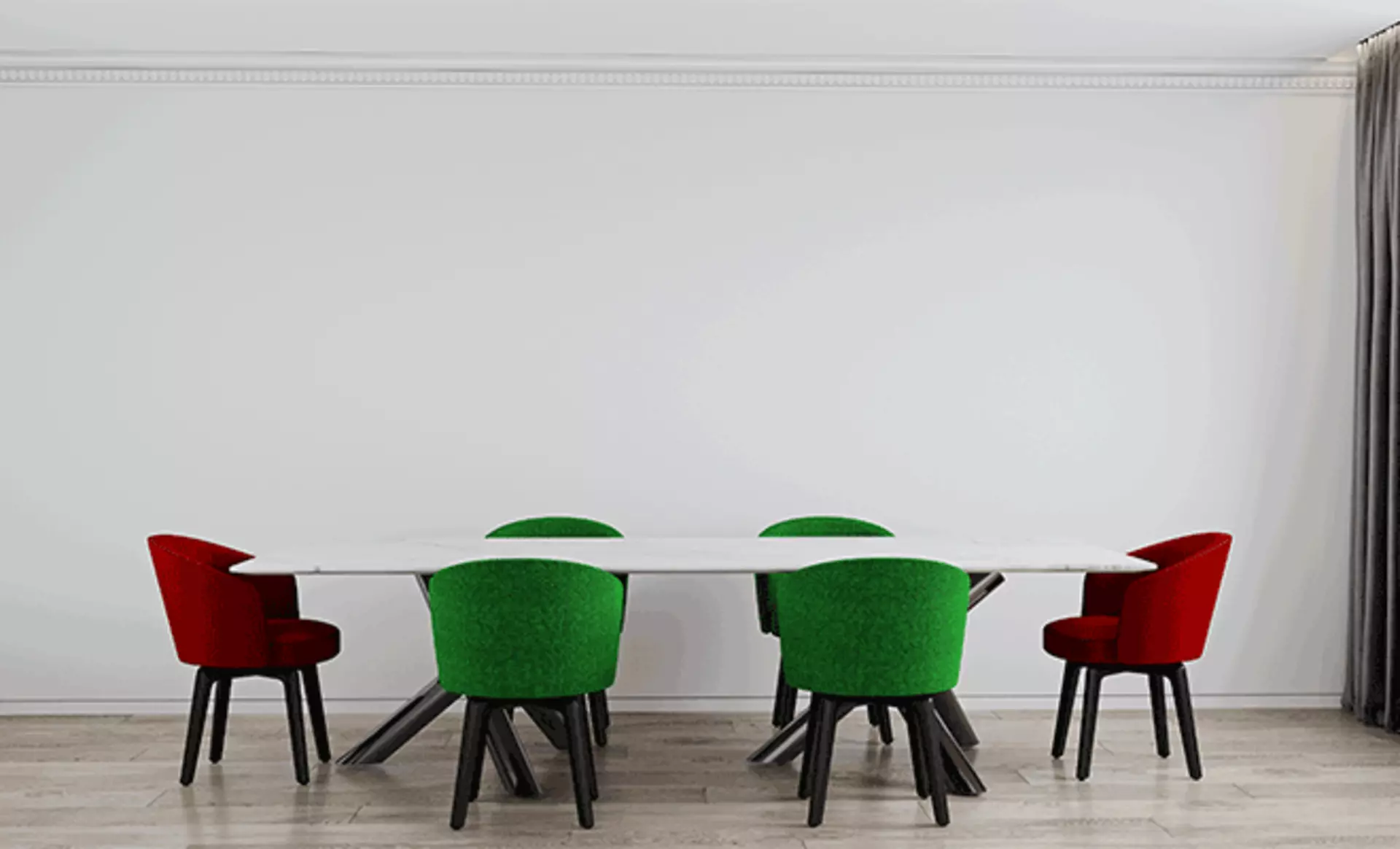 Tischgruppe mit roten und grünen Stühlen
