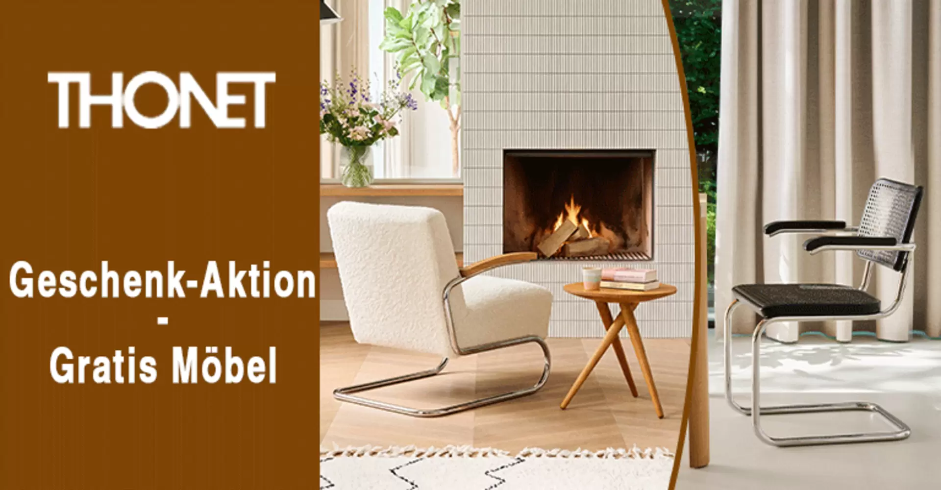 Thonet Geschenk-Aktion Mobil-Banner mit modernem Wohnzimmer-Ensemble, Kamin und Gratis-Möbel Aktion