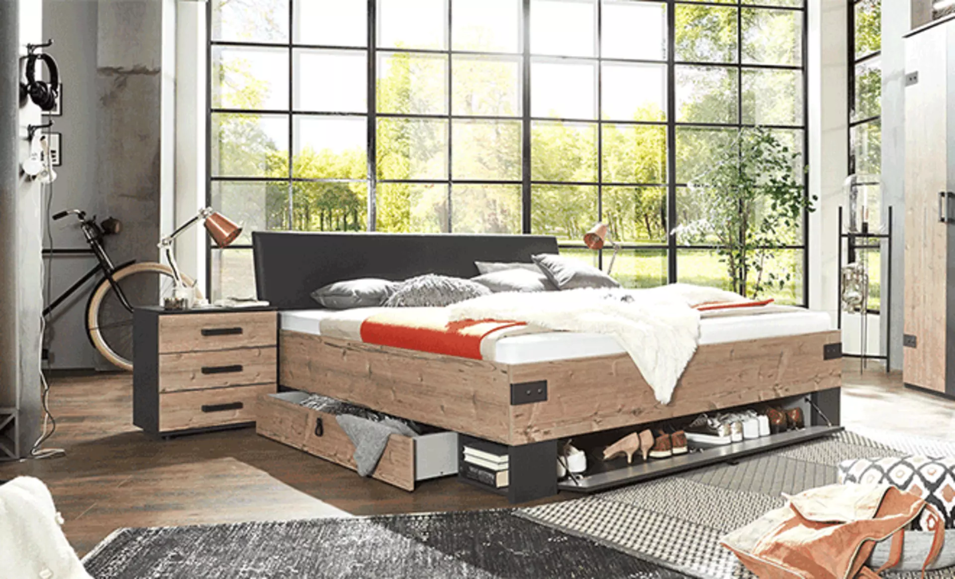 Bild von einem Bett im Industrialstil