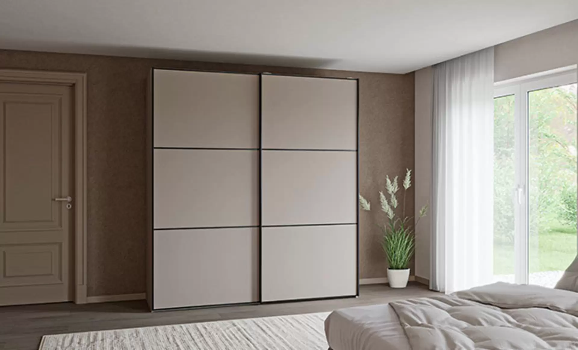 Schlafzimmer mit Cashmere Kleiderschrank und  farblich passender Einrichtung