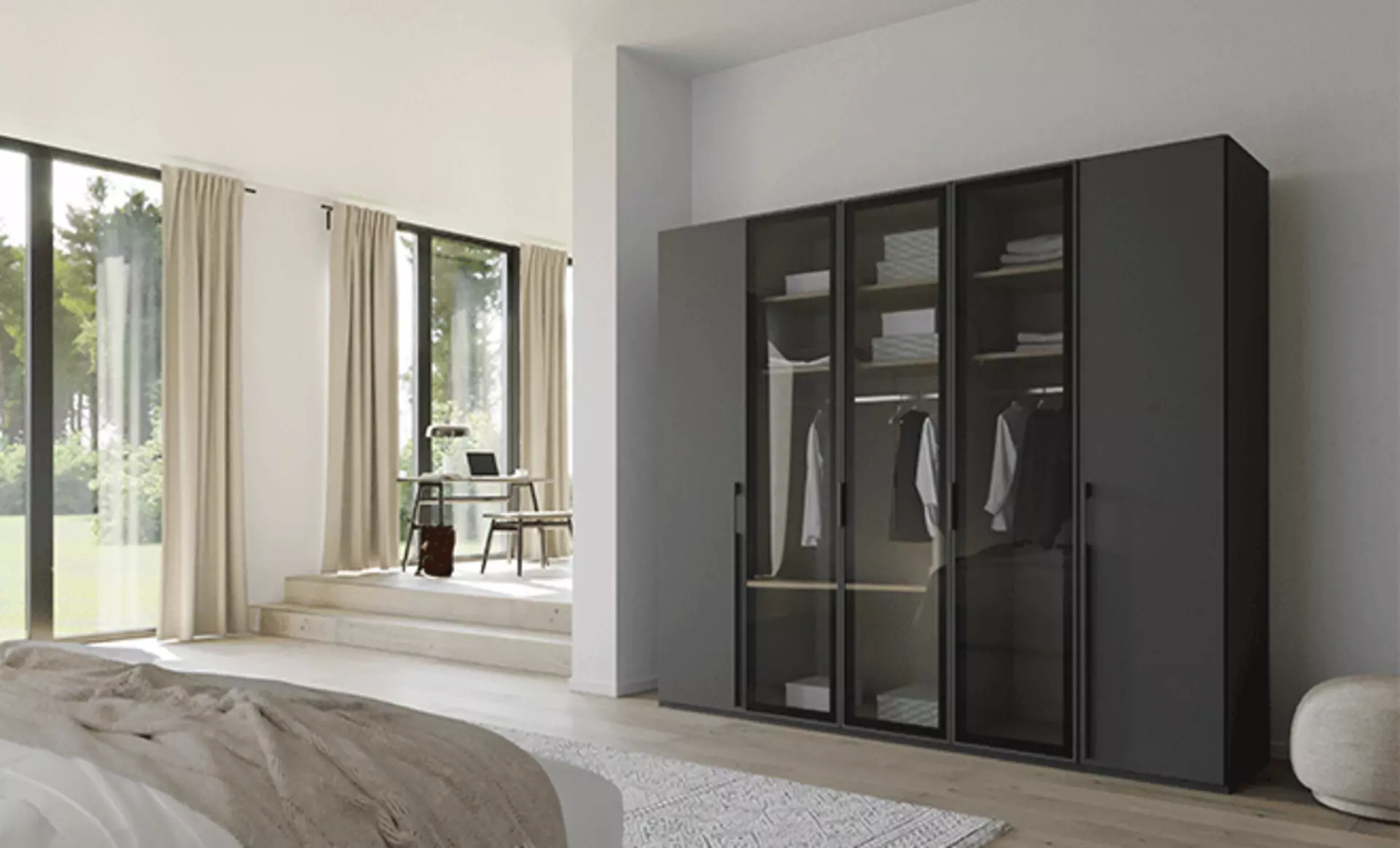 schwarzer Kleiderschrank mit Glastüren